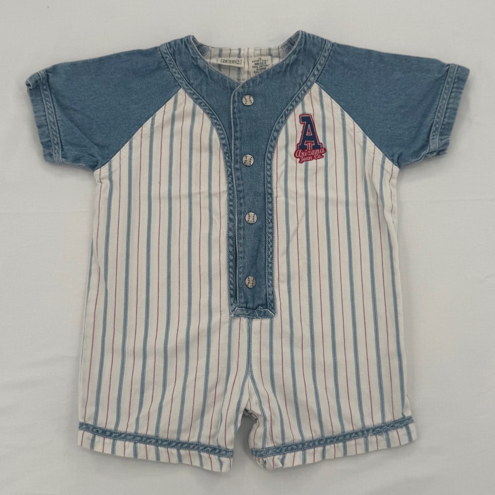 Arizona Jean Co Vintage 90s Kids Baseball Romper Pinstripe Denim Size 12 Months